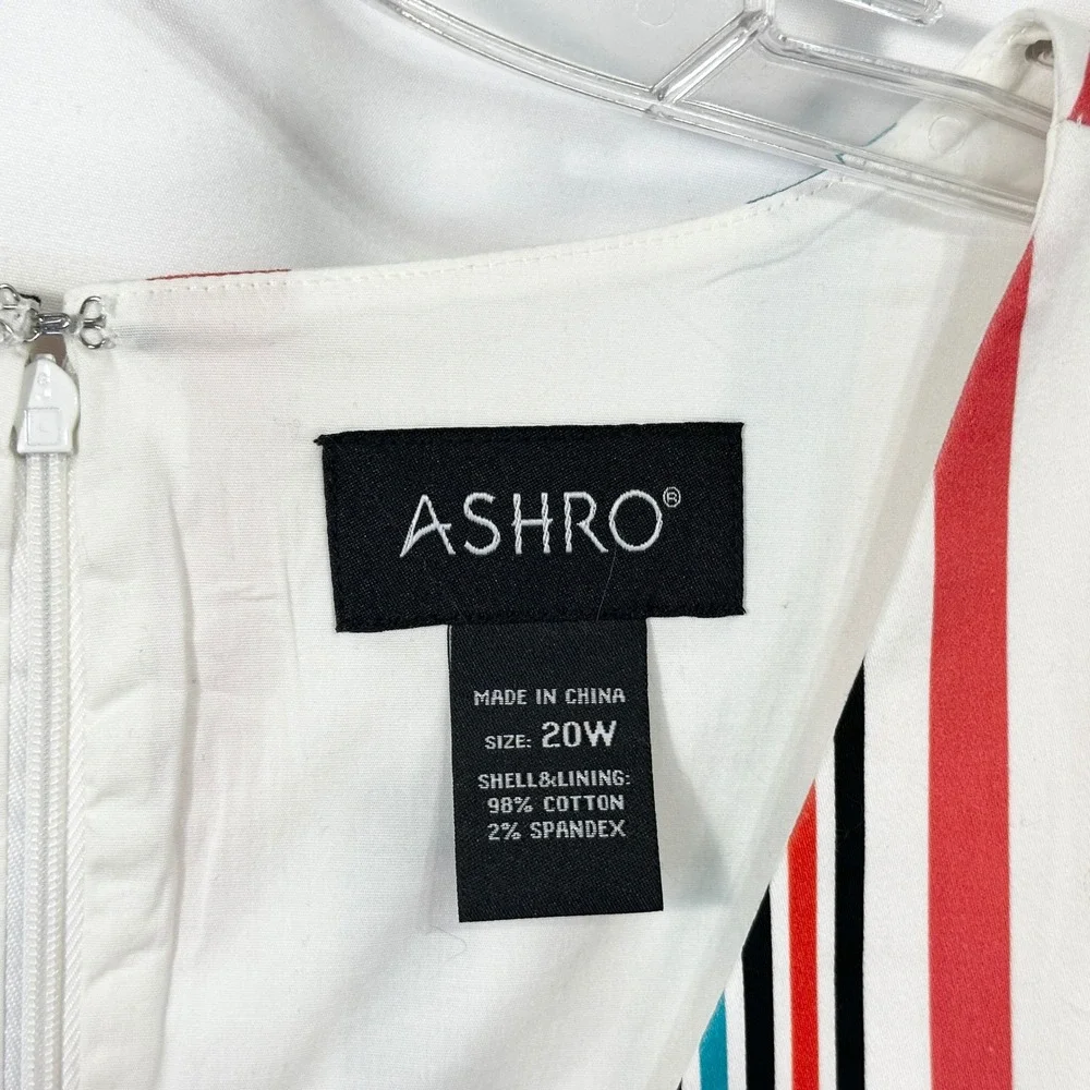 ASHRO Plus Size 20W Dress Sleeveless Colorful Striped‎ Sheath White Career 1683
